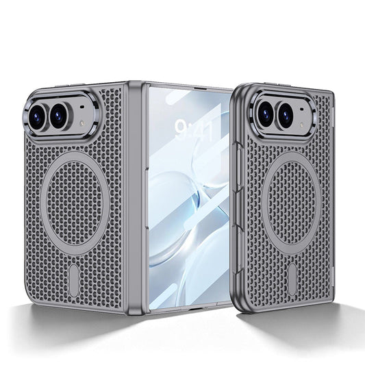 iPhone Duo - Magnetic Hinge Protection Honeycomb‑Mesh Cooling Cover Built-in Tempered Glass Film & Magnetic Ring