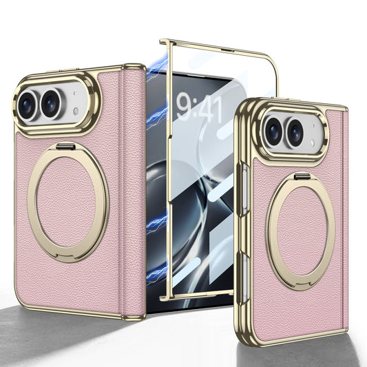 iPhone Duo - Golden Plating Leather Cover Built-in Tempered Glass Screen & Magnetic Bracket