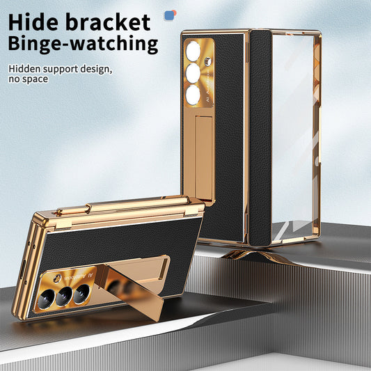 Aluminum Alloy Frame Magnetic Bracket All-Inclusive Electroplating Leather Cover For Galaxy Z Fold 7/6/5/4/3