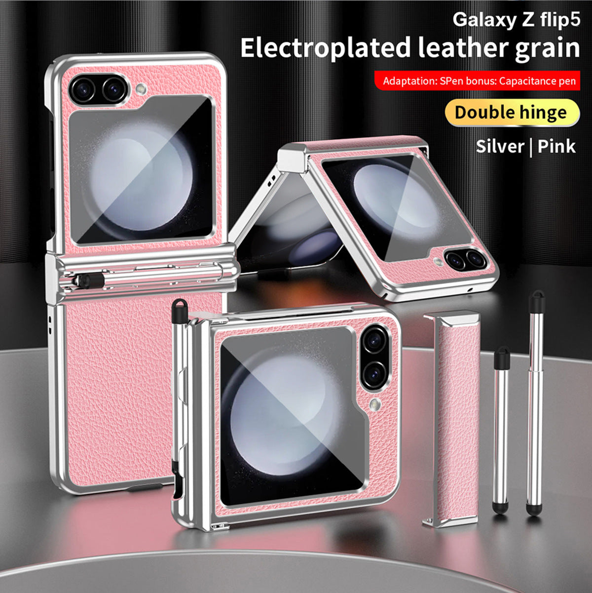 Electroplated Hinge Samsung Flip5 Plain Leather Anti-fall Protection Case with Stylus