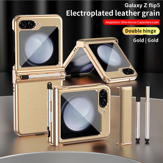 Electroplated Hinge Samsung Flip5 Plain Leather Anti-fall Protection Case with Stylus