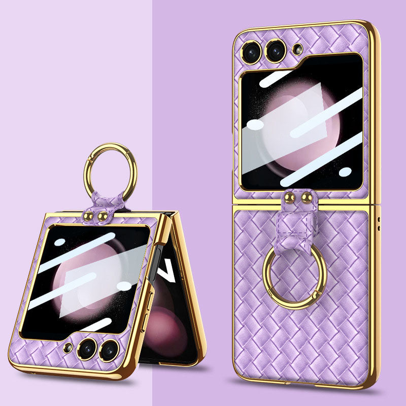 Samsung Z Flip5 Electroplating Woven Leather Case with Ring and Film