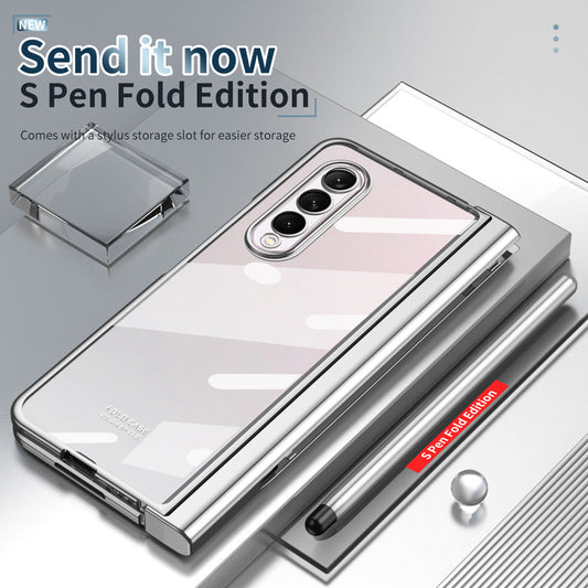 S Pen Fold Edition Case for Samsung Galaxy Z Fold 2 Z Fold 3 Pencil Slot Electroplating Clear Back Cover with Tempered Glass