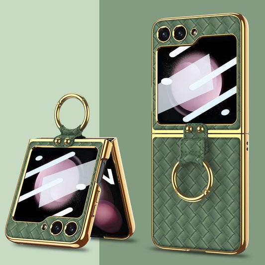 Samsung Z Flip5 Electroplating Woven Leather Case with Ring and Film