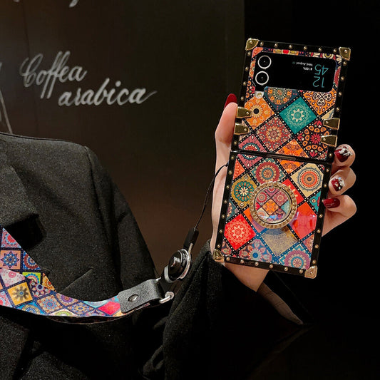 Retro Boho Style Ring Bohemian Case With Lanyard for Samsung Galaxy Z Flip3 Flip4 5G