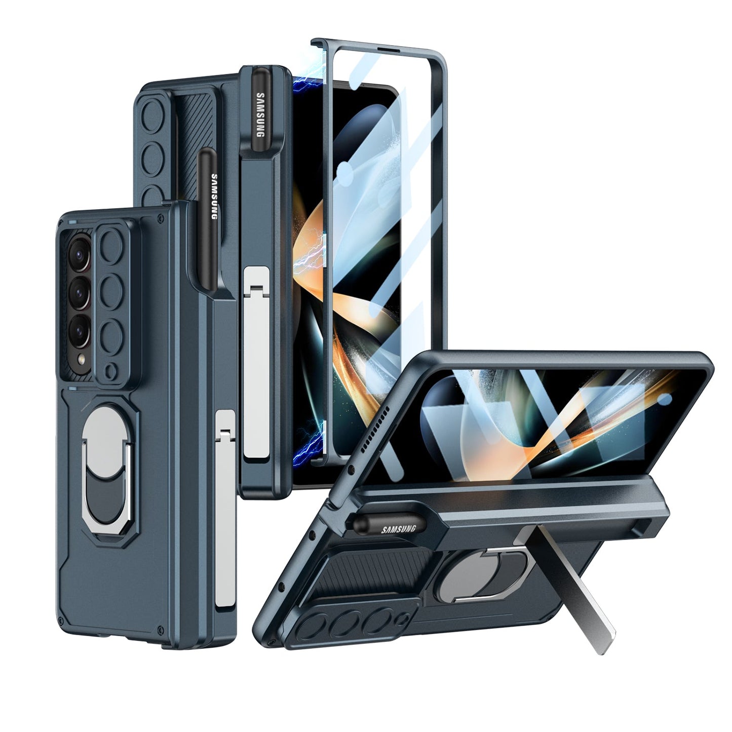 Magnetic Folding Armor Pen Slot Case For Samsung Galaxy Z Fold4 5G With Front Film and Kickstand