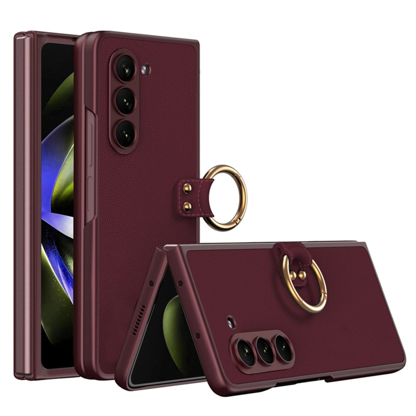 Leather Samsung Galaxy Z Fold 5 Case with Front Screen Tempered Glass Protector & Ring