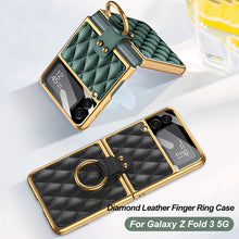 Carregar imagem no visualizador da galeria, Leather Plating Back Screen Glass Case Cover For Samsung Galaxy Z Flip 3 5G Ring Stand Hard Cover For Galaxy Z Flip3 5G Case