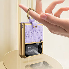 Carregar imagem no visualizador da galeria, Leather Plating Back Screen Glass Case Cover For Samsung Galaxy Z Flip 3 5G Ring Stand Hard Cover For Galaxy Z Flip3 5G Case
