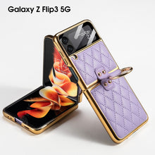Carregar imagem no visualizador da galeria, Leather Plating Back Screen Glass Case Cover For Samsung Galaxy Z Flip 3 5G Ring Stand Hard Cover For Galaxy Z Flip3 5G Case