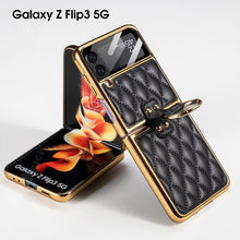 Carregar imagem no visualizador da galeria, Leather Plating Back Screen Glass Case Cover For Samsung Galaxy Z Flip 3 5G Ring Stand Hard Cover For Galaxy Z Flip3 5G Case