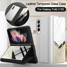 Carregar imagem no visualizador da galeria, Leather Tempered Glass Case For Samsung Galaxy Z Fold 3 5G Cover Luxury Holster Anti-knock Hard For Samsung Z Fold3 5G Case