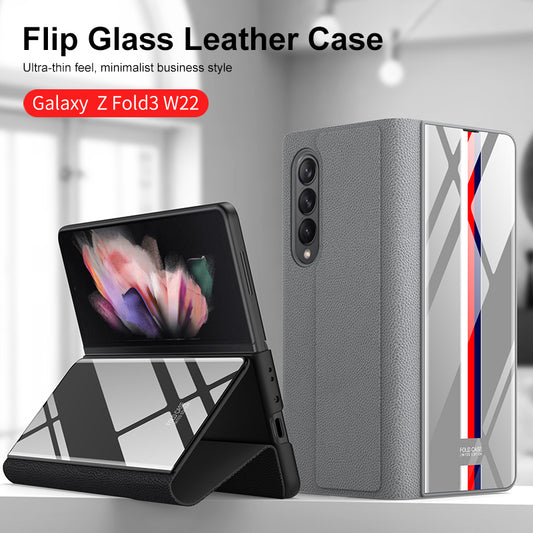 Leather Tempered Glass Case For Samsung Galaxy Z Fold 3 5G Cover Luxury Holster Anti-knock Hard For Samsung Z Fold3 5G Case