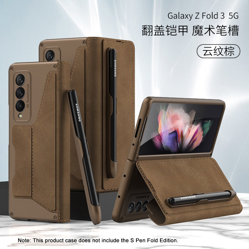 Luxury Leather Pen Slot Case For Samsung Galaxy Z Fold 3 5G Armor Anti-knock Hard Back Cover For Samsung Z Fold 3 5G Case