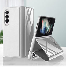 Carregar imagem no visualizador da galeria, Leather Tempered Glass Case For Samsung Galaxy Z Fold 3 5G Cover Luxury Holster Anti-knock Hard For Samsung Z Fold3 5G Case