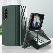 Carregar imagem no visualizador da galeria, Leather Tempered Glass Case For Samsung Galaxy Z Fold 3 5G Cover Luxury Holster Anti-knock Hard For Samsung Z Fold3 5G Case