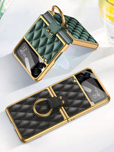 Carregar imagem no visualizador da galeria, Leather Plating Back Screen Glass Case Cover For Samsung Galaxy Z Flip 3 5G Ring Stand Hard Cover For Galaxy Z Flip3 5G Case