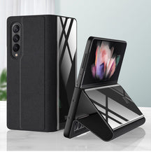 Carregar imagem no visualizador da galeria, Leather Tempered Glass Case For Samsung Galaxy Z Fold 3 5G Cover Luxury Holster Anti-knock Hard For Samsung Z Fold3 5G Case