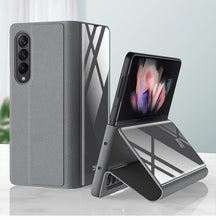 Carregar imagem no visualizador da galeria, Leather Tempered Glass Case For Samsung Galaxy Z Fold 3 5G Cover Luxury Holster Anti-knock Hard For Samsung Z Fold3 5G Case