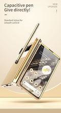 Cargar imagen en el visor de la galería, Electroplated Leather Google Pixel Fold Case with Dual Hinge Protective Screen Protector and Hidden Kickstand Pen Slot Free Stylus