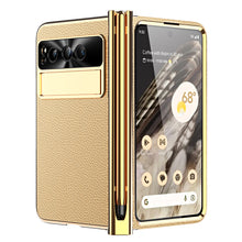 Cargar imagen en el visor de la galería, Electroplated Leather Google Pixel Fold Case with Dual Hinge Protective Screen Protector and Hidden Kickstand Pen Slot Free Stylus