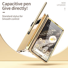 Cargar imagen en el visor de la galería, Electroplated Leather Google Pixel Fold Case with Dual Hinge Protective Screen Protector and Hidden Kickstand Pen Slot Free Stylus