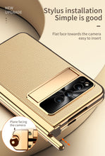 Cargar imagen en el visor de la galería, Electroplated Leather Google Pixel Fold Case with Dual Hinge Protective Screen Protector and Hidden Kickstand Pen Slot Free Stylus