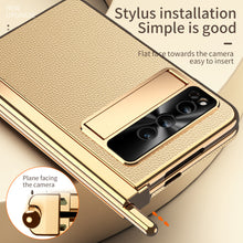 Cargar imagen en el visor de la galería, Electroplated Leather Google Pixel Fold Case with Dual Hinge Protective Screen Protector and Hidden Kickstand Pen Slot Free Stylus
