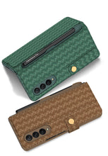 Carregar imagem no visualizador da galeria, Leather Weaving BV Grid Case For Samsung Galaxy Z Fold 3 5G Card Clip Slot Phone Cover For Galaxy Z Fold 3 Case Included Pen