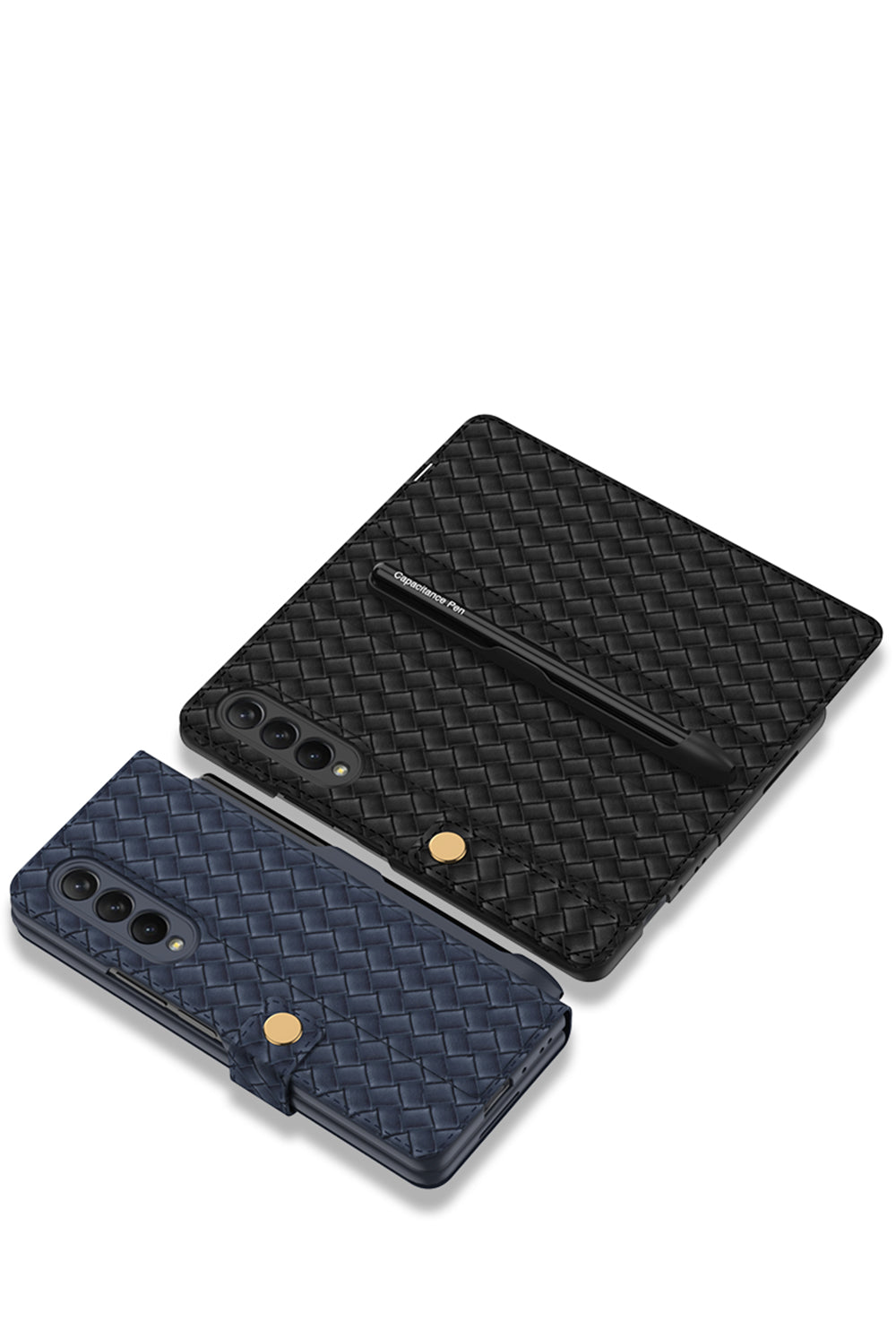 Leather Weaving BV Grid Case For Samsung Galaxy Z Fold 3 5G Card Clip Slot Phone Cover For Galaxy Z Fold 3 Case Included Pen