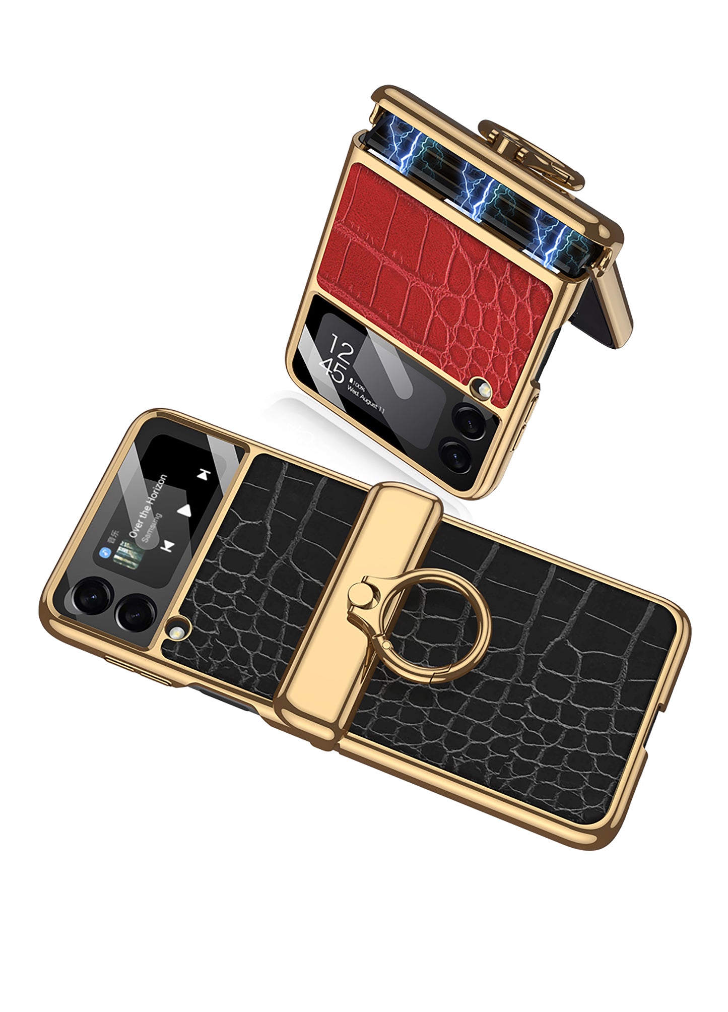 Magnetic Hinge Leather Texture Cover For Samsung Galaxy Z Flip 3 Case Back Screen Glass Plating Hard For Galaxy Z Flip3 Case