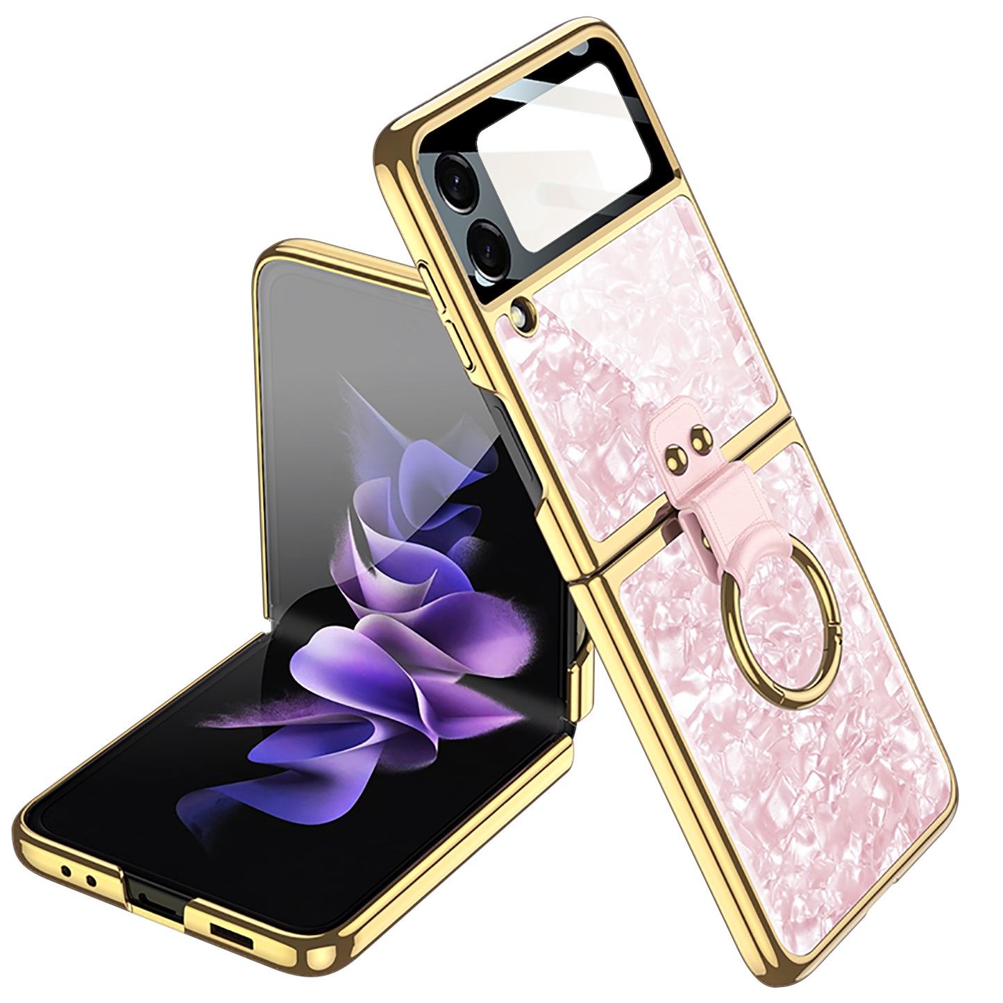 Shell Pattern Tempered Glass Case For Samsung Galaxy Z Flip 3 5G Plating Frame Ring hard Phone Cover For Galaxy Z Flip3 Case