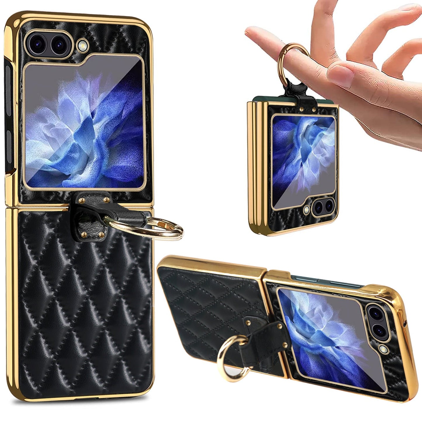 Luxury Leather Samsung Z Flip5 Case With Front Film and Ring