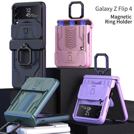 Magnetic Shockproof Armor Case For Galaxy Z Flip4 5G With Slide Lens Cover Support Wirless Charging
