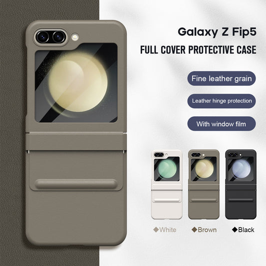 Samsung Galaxy Z Flip5 Leather Hinge Protector Case Cover With Tempered Glass Film
