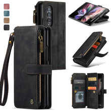 Load image into Gallery viewer, Leather Samsung Galaxy Z Fold4 5G Wallet Case With Lanyard Strap Wristlet Zipper Card Holder Case