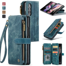 Load image into Gallery viewer, Leather Samsung Galaxy Z Fold4 5G Wallet Case With Lanyard Strap Wristlet Zipper Card Holder Case