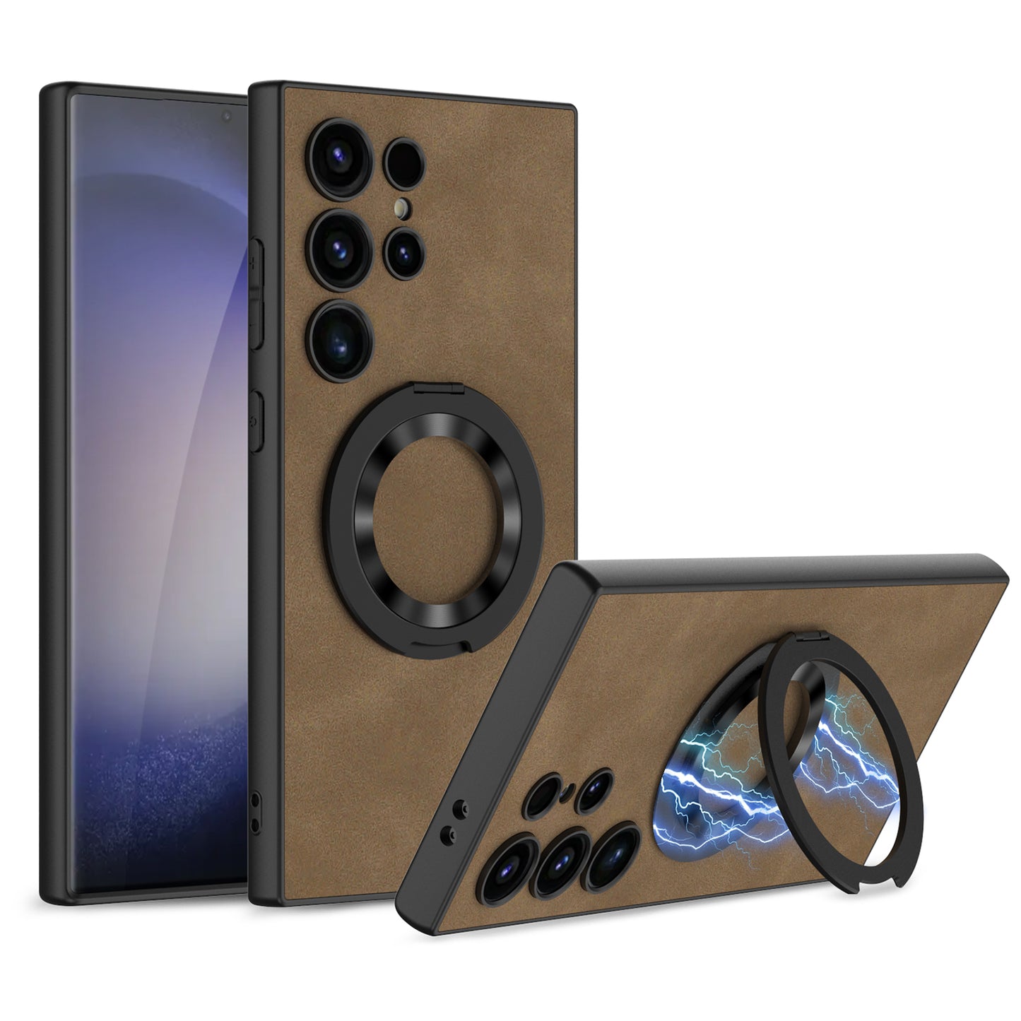 Ring Bracket Plain Leather Case For Samsung Galaxy S24 S24Ultra