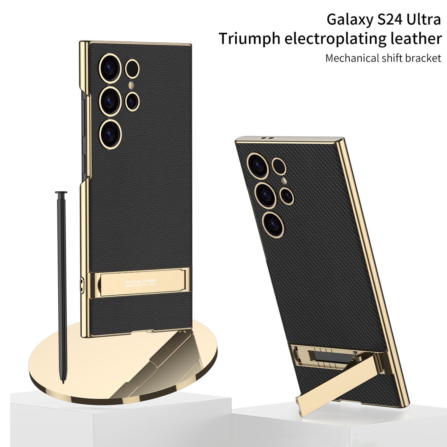 Shockproof with Precision Cutouts S24Ultra Electroplated Vegan Leather Stand Case for S24Ultra S24 Plus