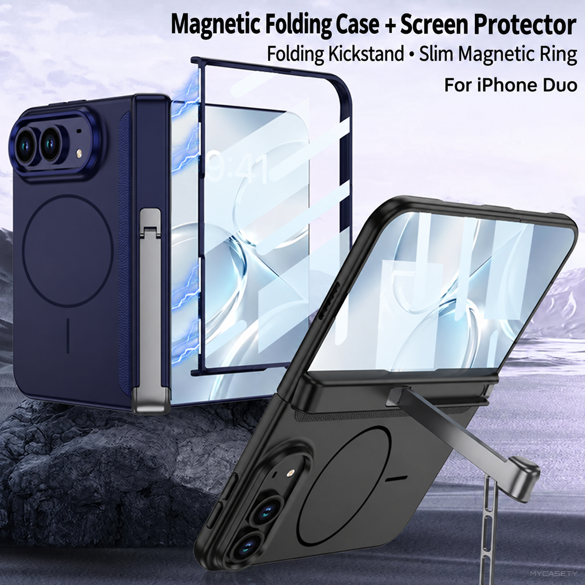 iPhone Duo - Magnetic Hinge Protection Business Cover Built-in Tempered Glass Film & Tri‑Fold Kickstand & Magnetic Ring