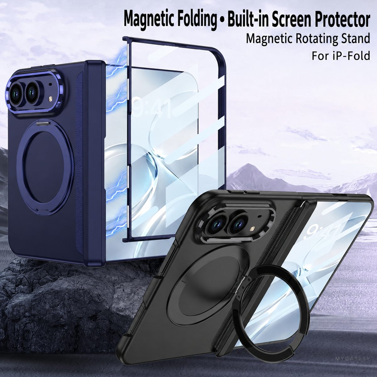iPhone Duo - Magnetic Hinge Protection Business Cover Built-in Tempered Glass Film & Magnetic Kickstand