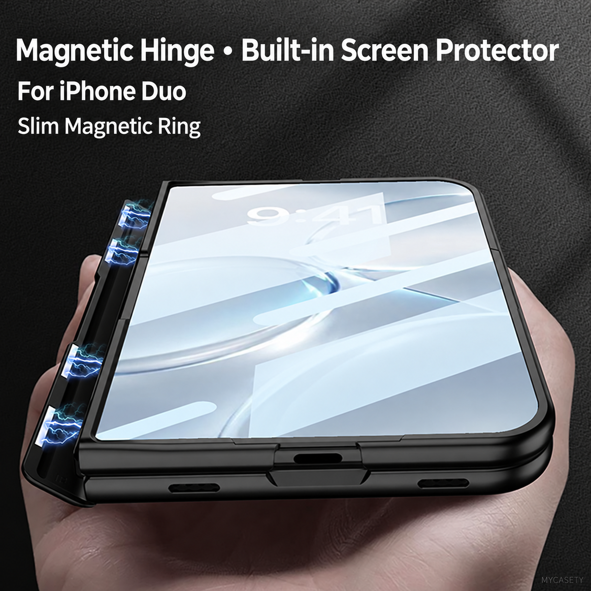 iPhone Duo - Magnetic Hinge Protection Fashion Cover Built-in Tempered Glass Film & Magnetic Ring