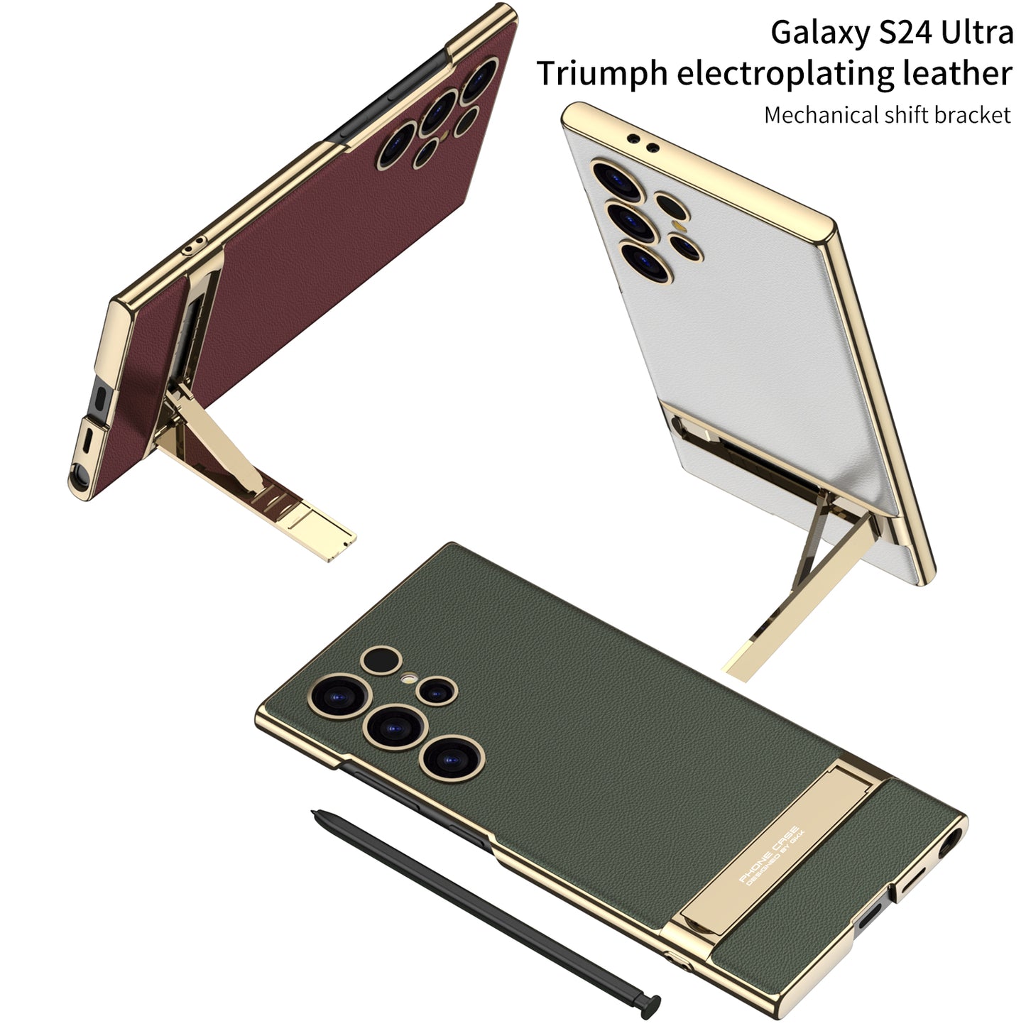 Shockproof with Precision Cutouts S24Ultra Electroplated Vegan Leather Stand Case for S24Ultra S24 Plus