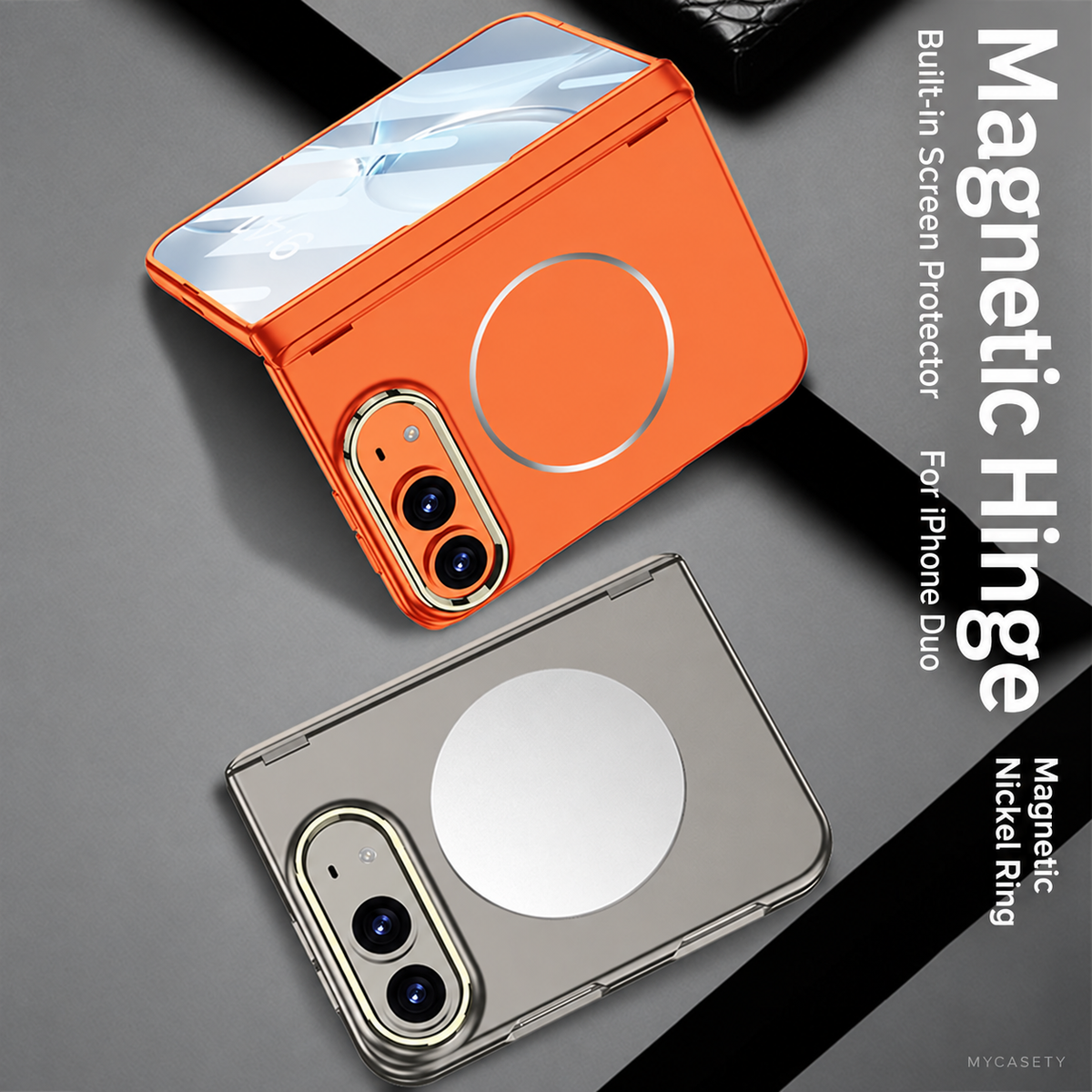 iPhone Duo - Magnetic Hinge Protection Fashion Cover Built-in Tempered Glass Film & Magnetic Ring
