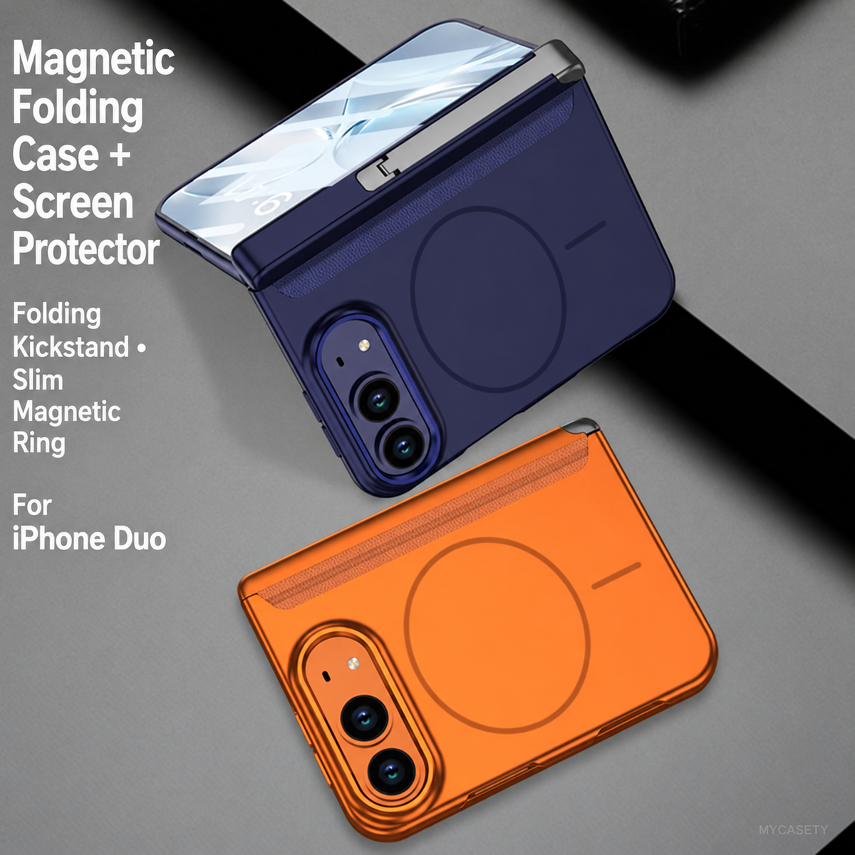 iPhone Duo - Magnetic Hinge Protection Business Cover Built-in Tempered Glass Film & Tri‑Fold Kickstand & Magnetic Ring