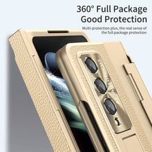 Load image into Gallery viewer, Hinge Folding Leather Magnetic Bracket Shell Electroplated Case For Samsung Galaxy Z Fold3 Fold4 5G With S Pen Slot &amp; Stylus - Mycasety Mycasety
