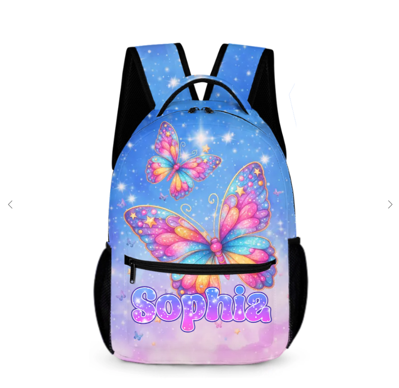 Personalized Sparkly Butterfly Kids Backpack with Custom Name, Cute Back-to-School Gift for Girls
