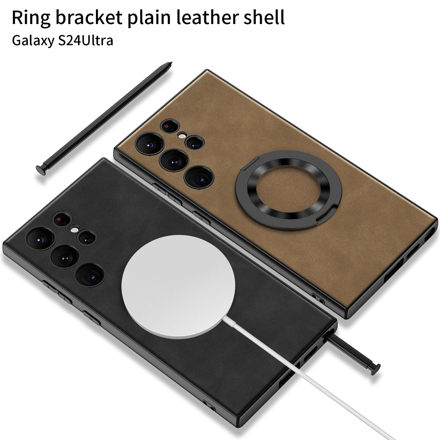 Ring Bracket Plain Leather Case For Samsung Galaxy S24 S24Ultra