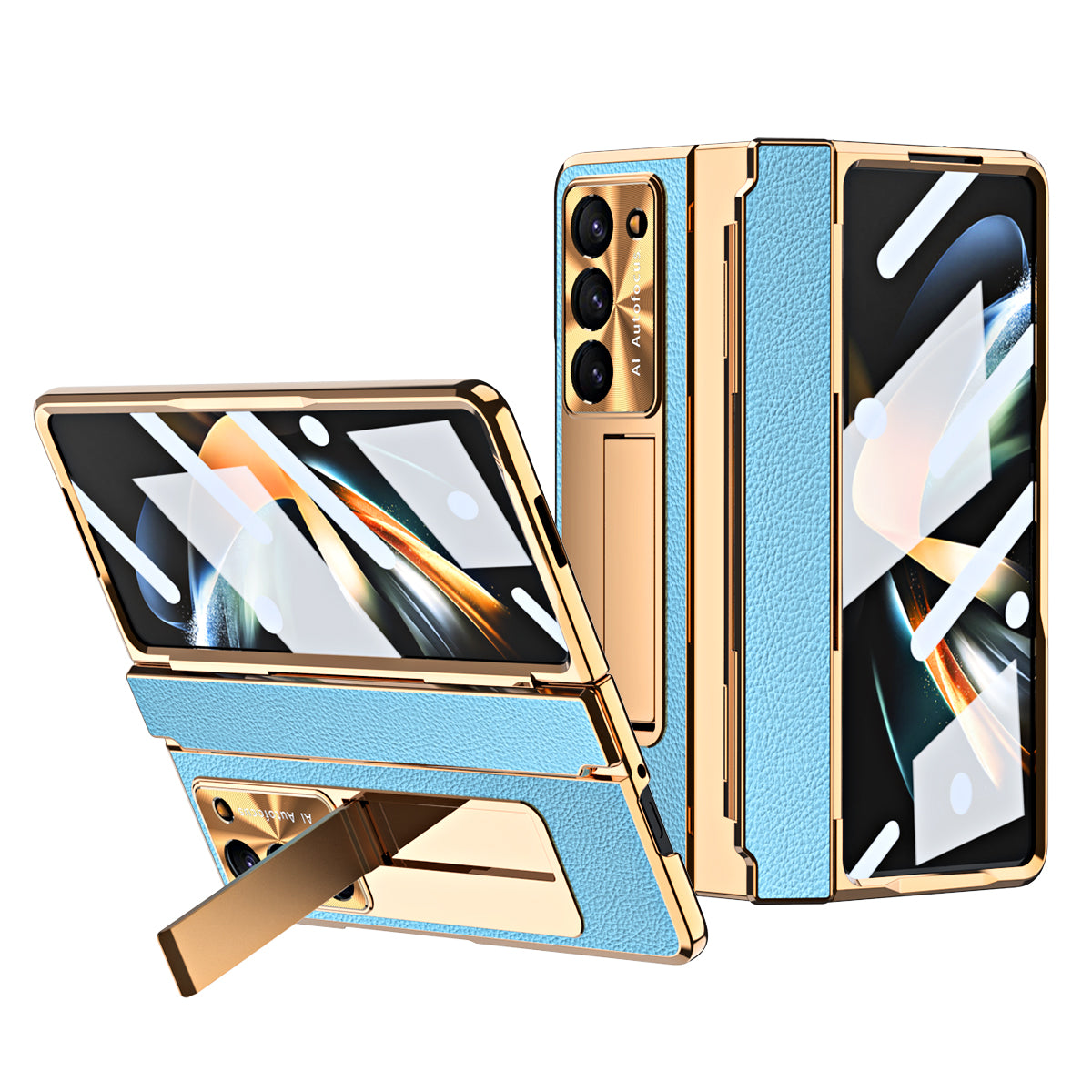 Luxury Leather Magnetic Bracket Shell Electroplated Phone Case For Samsung Galaxy Z Fold3/4/5 With Back Screen Glass - Mycasety Mycasety
