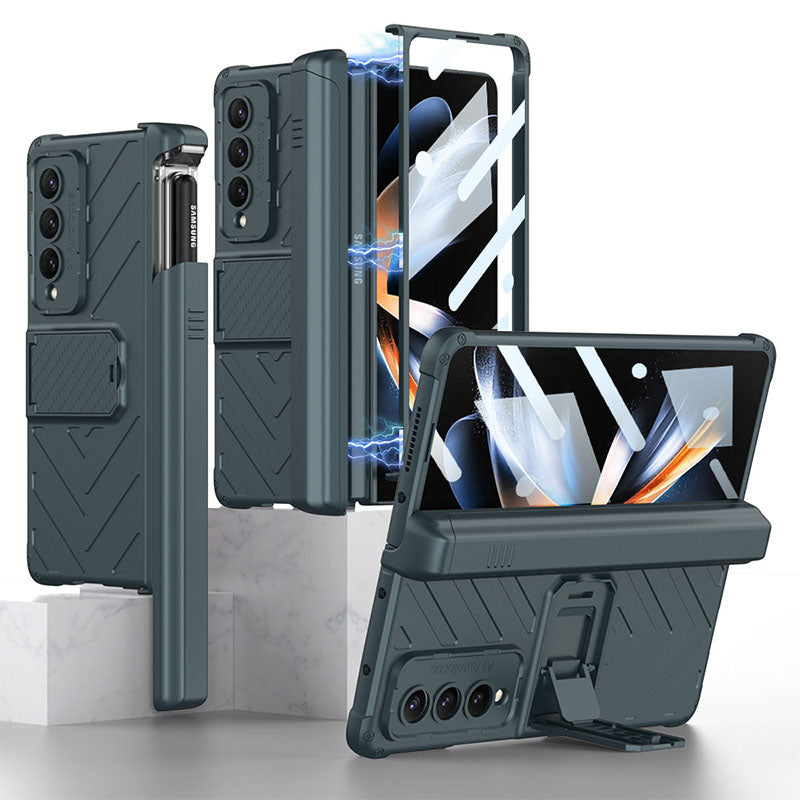 Magnetic Armor All-included Slide Pen Case With Back Screen Glass Hinge Holder Phone Cover For Samsung Galaxy Z Fold3 Fold4 Fold5 - Mycasety Mycasety
